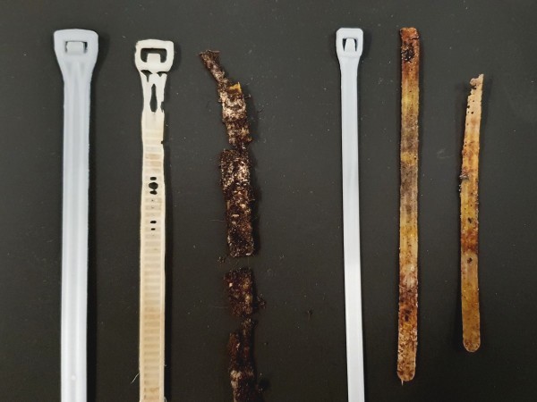 Made from 2-oxepanone polymer, an unusual material that's highly biodegradable in most natural environments. Because our ties do not contain any PLA they are not limited to hot-composting for their disposal. Biodegradable polycaprolactone cable ties